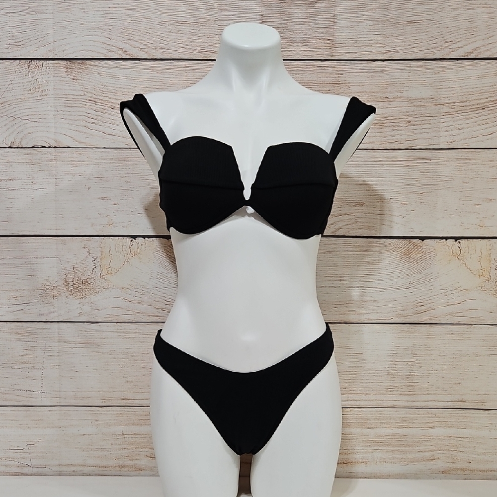 Women's Swimwear Black Ribbed Bikini Set Large